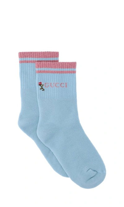 Shop Gucci Floral Logo Embroidered Socks In Blue