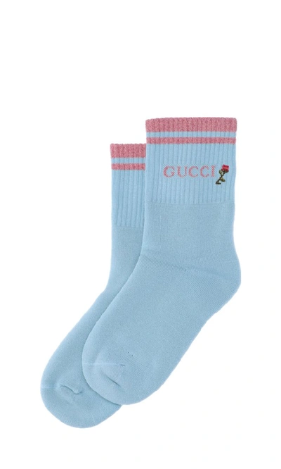 Shop Gucci Floral Logo Embroidered Socks In Blue
