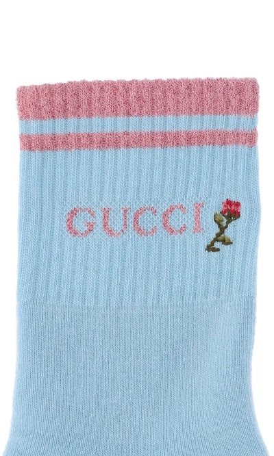 Shop Gucci Floral Logo Embroidered Socks In Blue