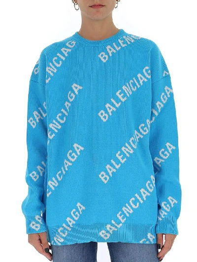 Shop Balenciaga All Over Logo Sweater In Blue