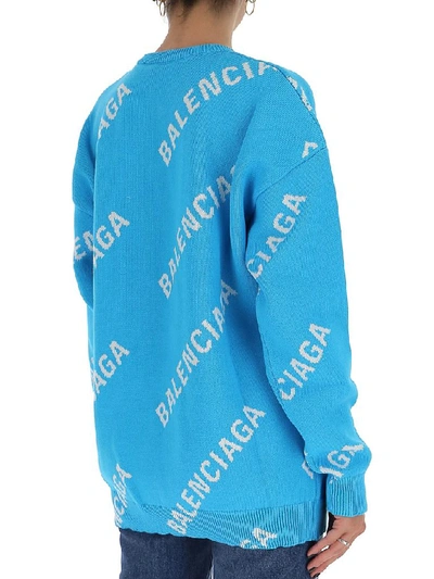 Shop Balenciaga All Over Logo Sweater In Blue