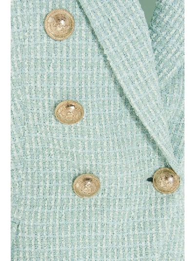 Shop Balmain Double Breasted Tweed Blazer In Green
