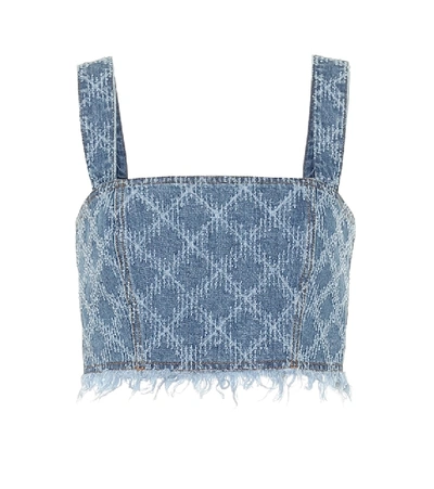 Shop Balmain Cotton-denim Crop Top In Blue