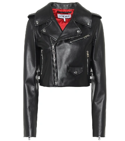 Shop Loewe Cropped Leather Jacket In Black