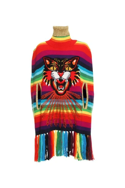 Shop Gucci Rainbow Tiger Embroidered Poncho In Multi