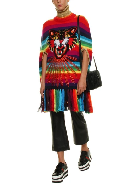 Shop Gucci Rainbow Tiger Embroidered Poncho In Multi