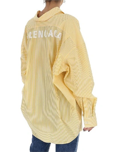 Shop Balenciaga Logo Print Striped Shirt In Yellow