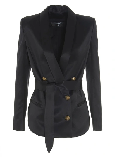 Shop Balmain Double Breasted Belted Blazer In Black