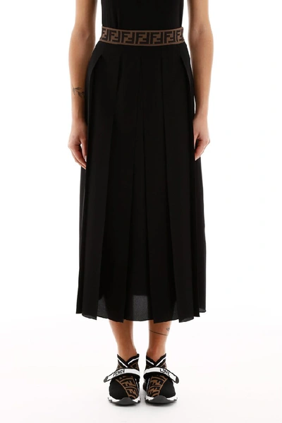 Shop Fendi Monogram Band Pleated Skirt In Black