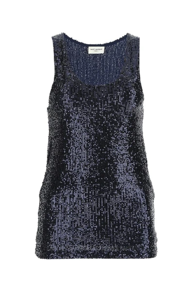 Shop Saint Laurent Sequins Tank Top In Blue