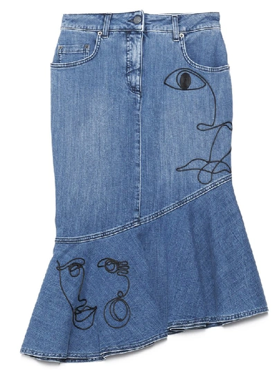 Shop Moschino Faces Embroidered Denim Skirt In Blue