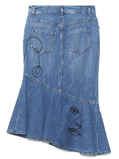Shop Moschino Faces Embroidered Denim Skirt In Blue