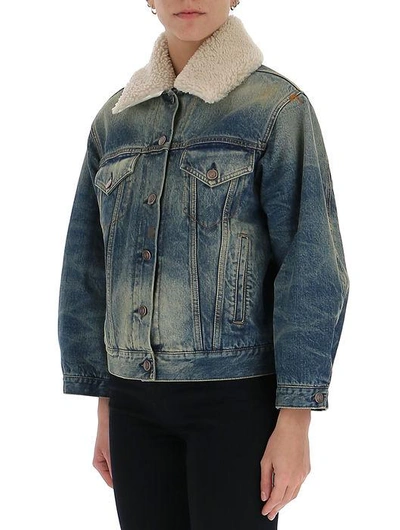 Shop Gucci Shearling Collar Denim Jacket In Blue