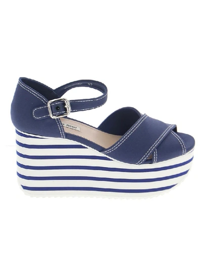Shop Miu Miu Striped Wedged Sandals In Blue