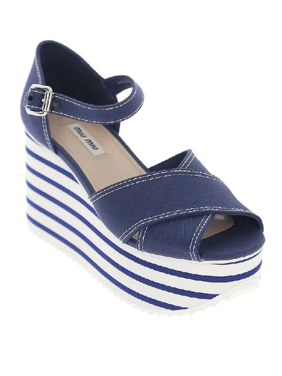 Shop Miu Miu Striped Wedged Sandals In Blue