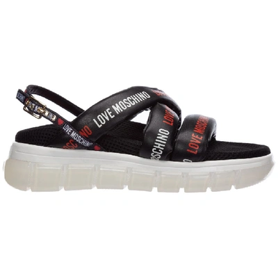 Shop Love Moschino Logo Printed Sandals In Black