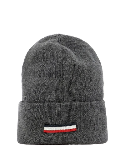 Shop Moncler Logo Beanie In Grey