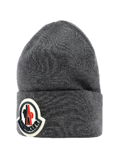 Shop Moncler Logo Beanie In Grey