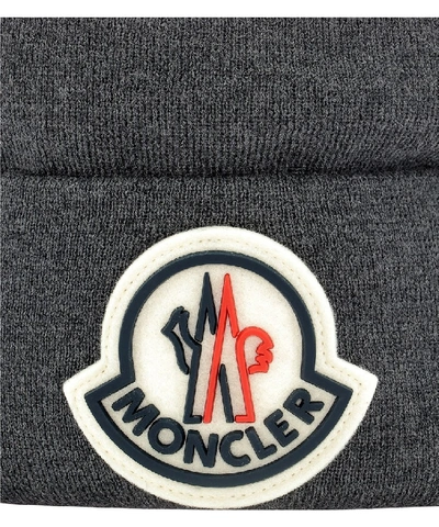 Shop Moncler Logo Beanie In Grey