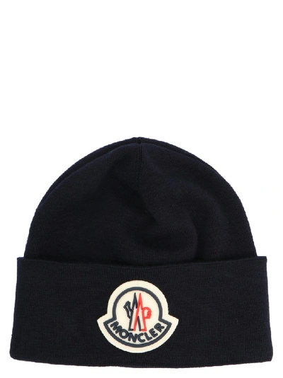 Shop Moncler Logo Patch Beanie In Navy