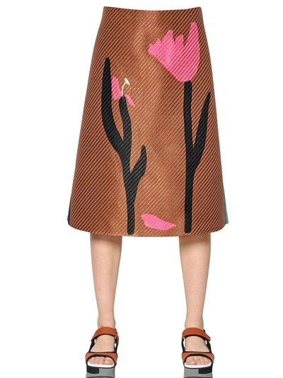 Marni Printed Raffia & Cotton Crepe Skirt In Brown/mint