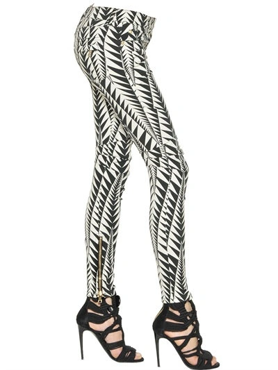 Shop Balmain Geometric Printed Stretch Denim Jeans, Black/white