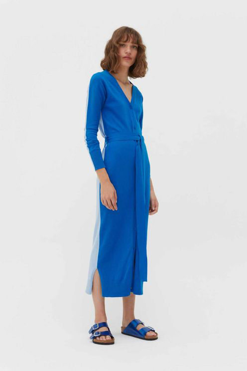 royal blue dress with cardigan
