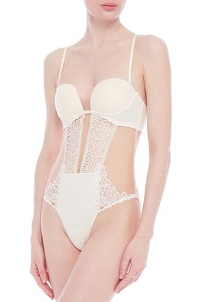 Shop La Perla Macrame Tale Guipure Lace, Tulle And Stretch-jersey Bodysuit In Ecru