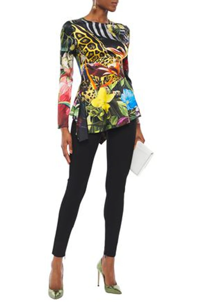 Shop Roberto Cavalli Asymmetric Printed Stretch-silk Satin Peplum Top In Animal Print