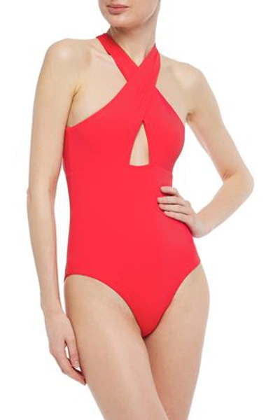 Shop Onia Nicole Open-back Ribbed Swimsuit In Tomato Red