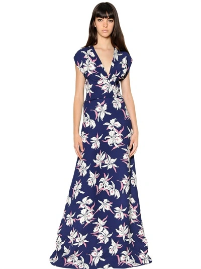 Marni Floral Printed Silk Cady Dress In Navy