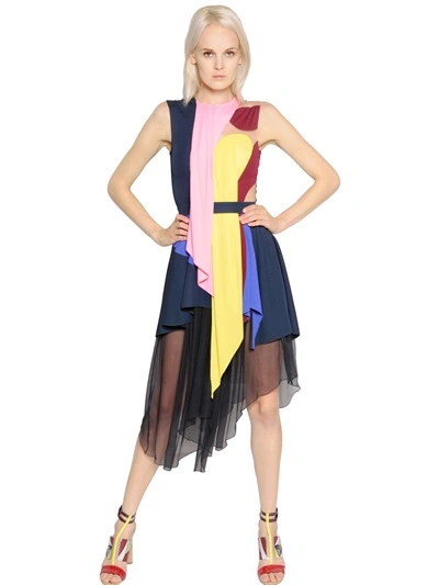 Peter Pilotto Asymmetrical Jersey & Chiffon Dress In Multicolor