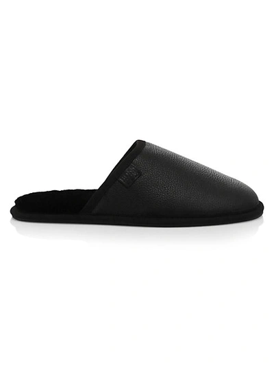 Shop Hugo Boss Shearling-lined Leather Slippers In Black