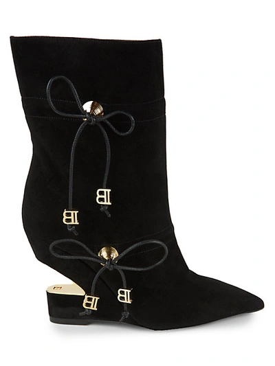Shop Balmain Maya Drawstring Suede Wedge Boots In Noir