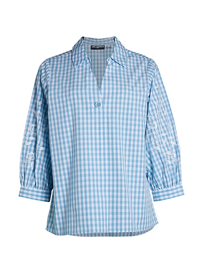 Shop Karl Lagerfeld Puff-sleeve Gingham Shirt In Heritage Blue