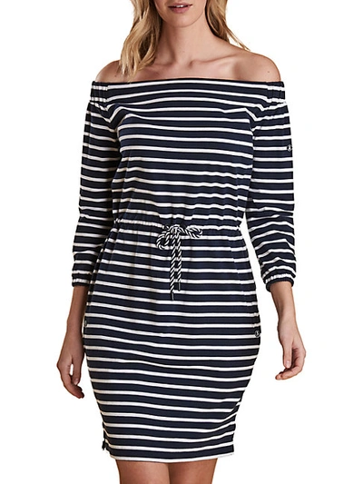 Shop Barbour Waveson Off-the-shoulder Striped Dress In Navy White