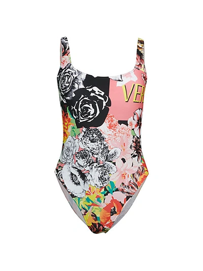 Shop Versace Floral One-piece Swimsuit In Pink Multi