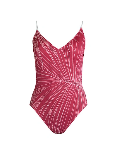 Shop Gottex Palm Leaf Graphic & Illusion Stripe One-piece Swimsuit In Raspberry