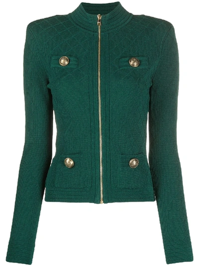 Shop Balmain Structured Shoulder Knitted Jacket In Green