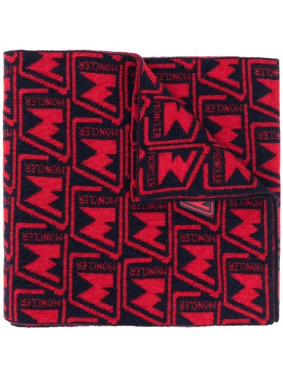 Shop Moncler Jacquard Logo Motif Scarf In Red