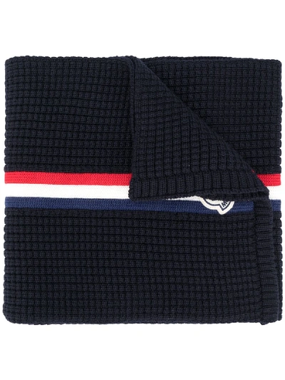 Shop Moncler Web Detail Knitted Scarf In Blue