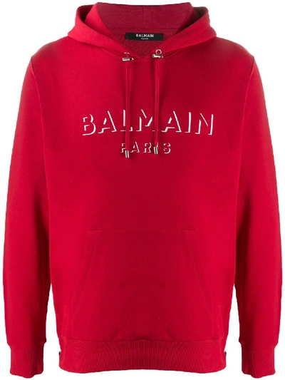 Shop Balmain Logo Print Hooded Sweatshirt In Red