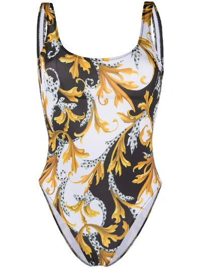 Shop Versace Acanthus Print Swimsuit In White