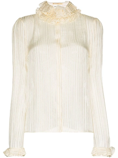 Shop Saint Laurent Ruffle-collar Striped Blouse In Neutrals