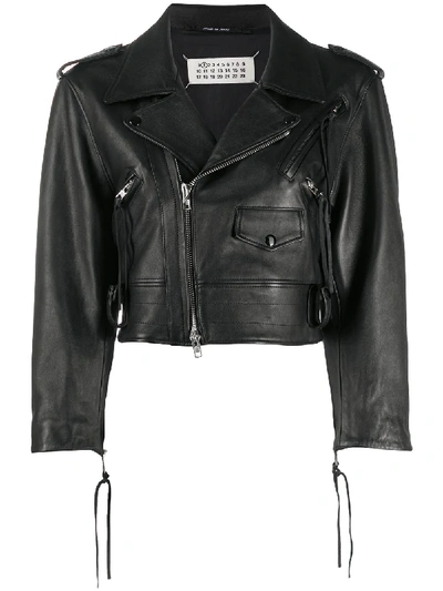 Shop Maison Margiela Cropped Leather Biker Jacket In Black