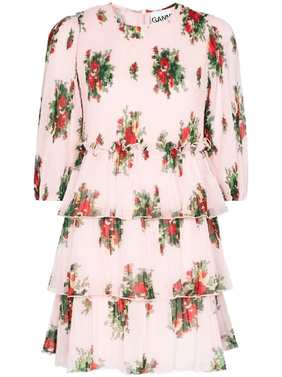 Shop Ganni Floral Print Tiered Mini Dress In Pink