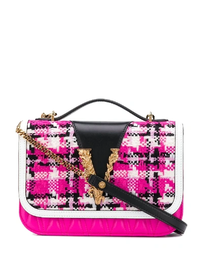 Shop Versace Virtus Tweed Shoulder Bag In Pink