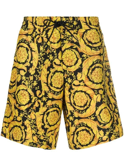 Shop Versace Barocco-print Knee-length Swim Shorts In Black