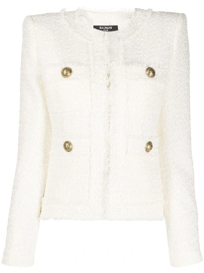 Shop Balmain Tweed Shoulder Pads Jacket In White
