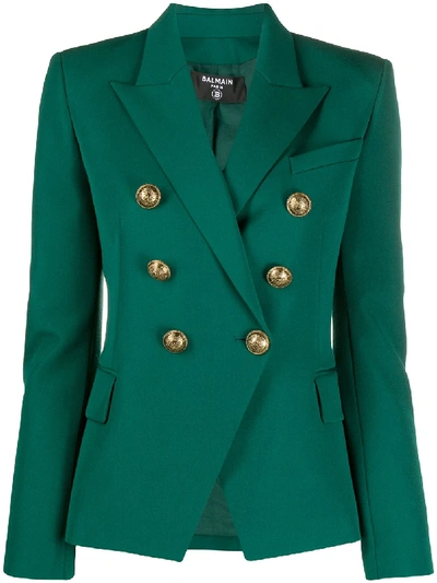 Shop Balmain Fitted Double-breasted Blazer In Green